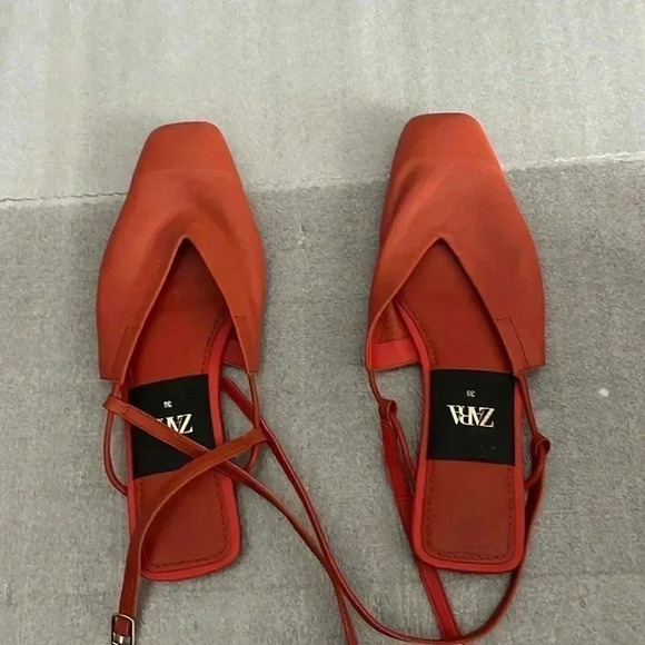 [38/7]Zara Burnt Orange red Slingback Genuine Leather 1508/610 flats Mule Sandal - Picture 2 of 6